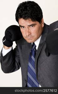 Portrait of a businessman wearing boxing gloves