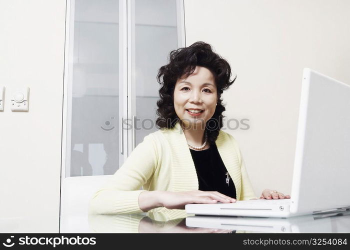 Portrait of a businesswoman using a laptop smiling