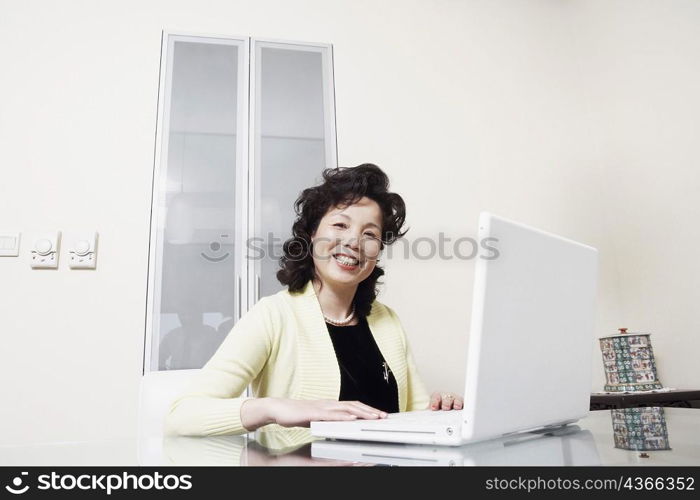 Portrait of a businesswoman using a laptop smiling