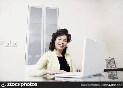 Portrait of a businesswoman using a laptop smiling