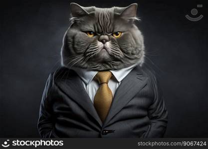 Portrait of a cat in a business suit on a dark background. Generative AI
