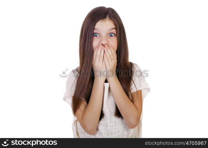 Portrait of a charming brunette little girl, isolated on white background