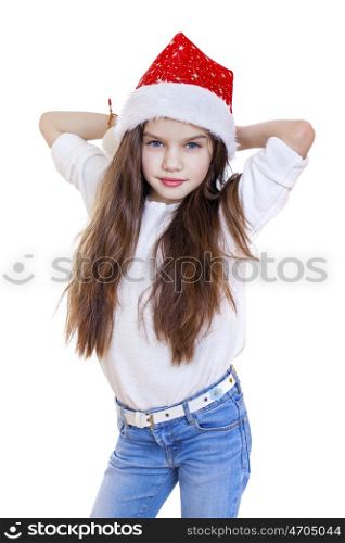 Portrait of a charming little girl on christmas, isolated in white background