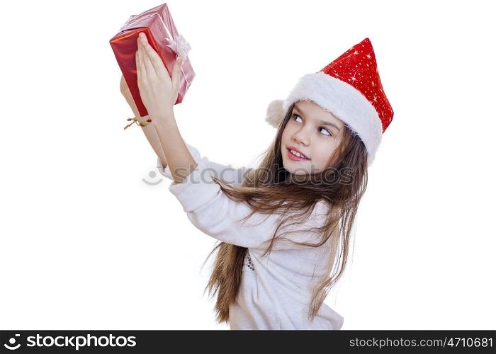 Portrait of a charming little girl on christmas, isolated in white background