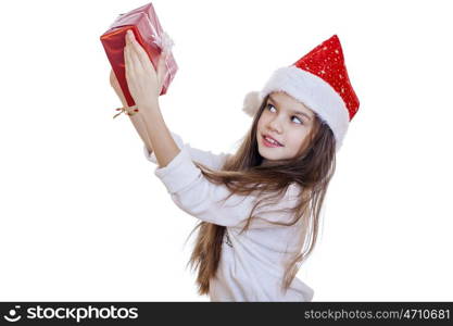 Portrait of a charming little girl on christmas, isolated in white background