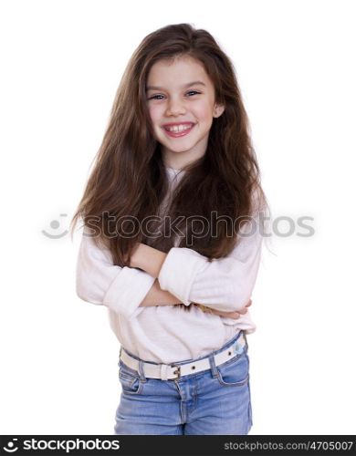 Portrait of a charming little girl smiling at camera, isolated on white background