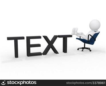 Portrait of a cheerful 3D businessman sitting in chair, relaxed with feet up on text. Lots of room for copyspace and text.