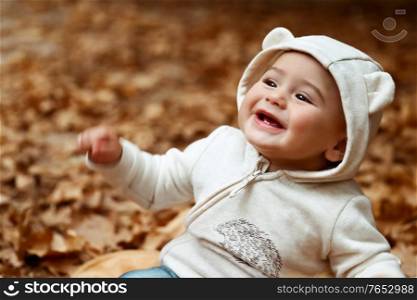 Portrait of a cheerful smiling baby having fun in autumn forest, sitting on the dry tree foliage, enjoying autumnal holidays