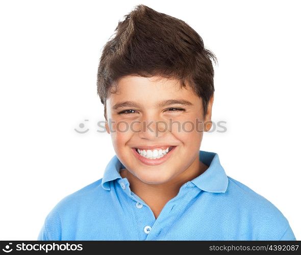Portrait of a cheerful smiling boy isolated on white background, teenage model posing in the studio, happy facial expression, perfect toothy smile