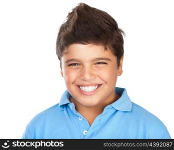 Portrait of a cheerful smiling boy isolated on white background, teenage model posing in the studio, happy facial expression, perfect toothy smile