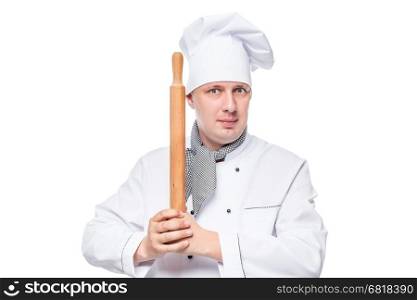 Portrait of a chef with a wooden rolling pin on a white background