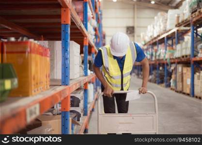 Portrait of a confident warehouse worker use the cart to select products from the shelves in the warehouse.