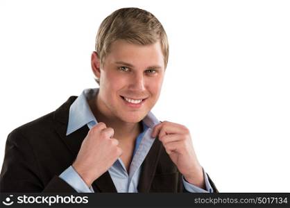 Portrait of a confident young businessman standing against white background - Isolated. Horizontal banner with copyspace
