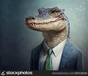 Portrait of a crocodile dressed in a strict business suit, boss, generative ai