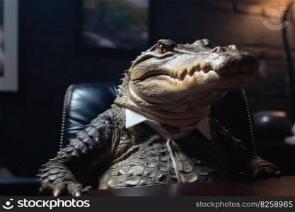 Portrait of a crocodile in a business suit office background created with generative AI technology