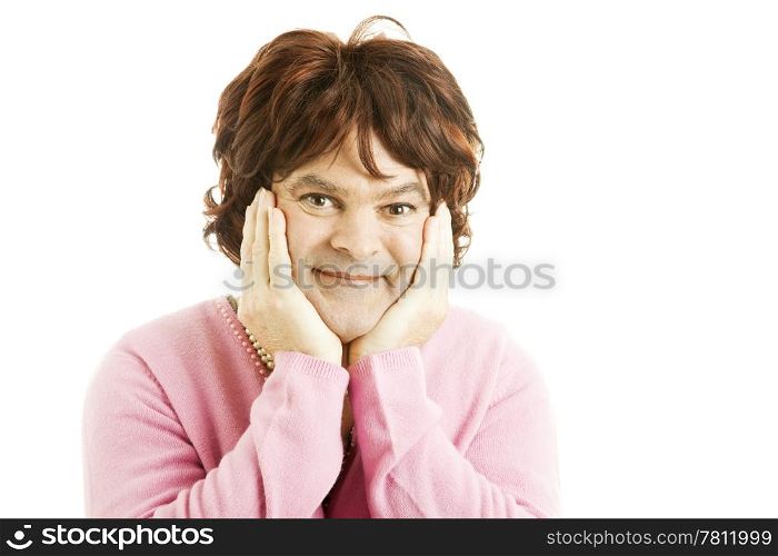 Portrait of a cross dressing female celebrity impersonator. Isolated on white.