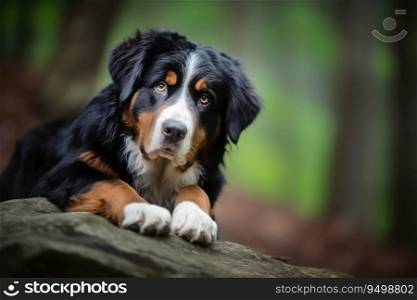 Portrait of a cute bernese mountain dog created with generative AI technology