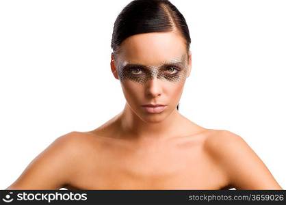 portrait of a cute brunette with a creative mask make up made as a net