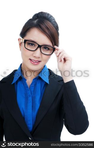 Portrait of a cute businesswoman holding eyeglasses over white background
