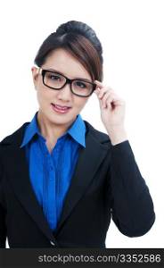 Portrait of a cute businesswoman holding eyeglasses over white background