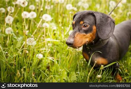 portrait of a cute dachshund dog in a field of dandelions.. portrait of a cute dachshund dog in a field of dandelions