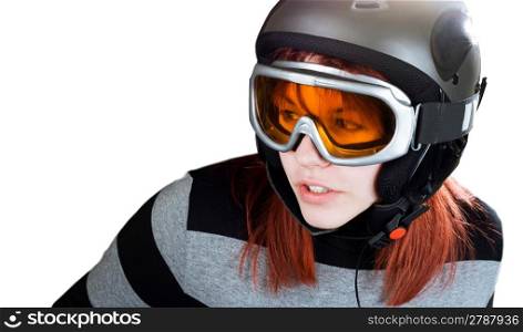 Portrait of a cute girl with red hair snowboarding on a winter background. Studio shot, composite.
