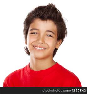 Portrait of a cute happy smiling boy isolated on white background, teenager in good mood, carefree childhood