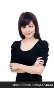 Portrait of a cute young Asian woman over white background