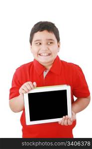 Portrait of a cute young child happy with his new digital tablet
