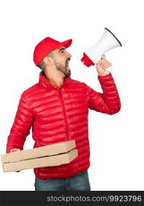Portrait of a delivery man in red workwear and screaming in megaphone against white background. Promote and delivery service concept.
