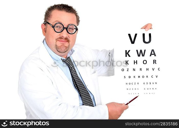 Portrait of a doctor with a visual acuity chart