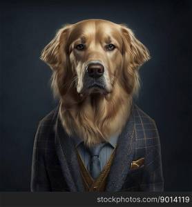 Portrait of a dog dressed in a formal business suit, golden retriever, generative ai