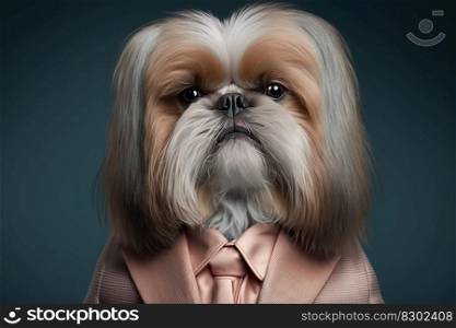 Portrait of a dog dressed in a formal business suit, shih tzu dog, generative ai