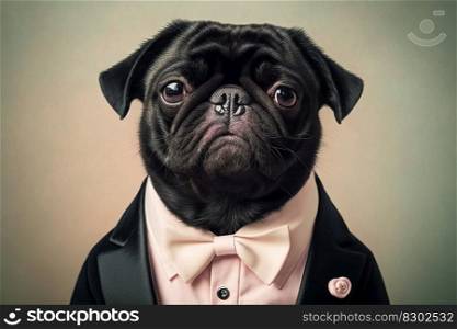 Portrait of a dog pug dressed in a formal business suit, character, generative ai