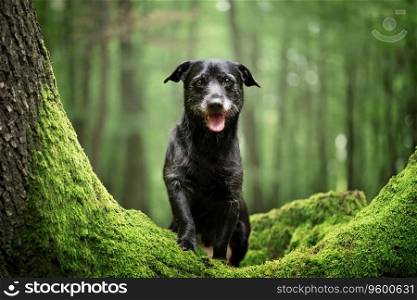 Portrait of a dog sitting in a forest full of green moss.