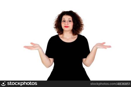 Portrait of a doubtful curvy girl with red lips isolated on a white background