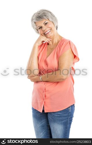 Portrait of a elderly woman smiling, isolated on a white background