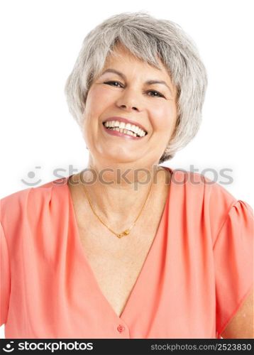 Portrait of a elderly woman smiling, isolated on a white background
