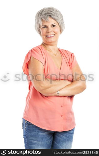 Portrait of a elderly woman smiling, isolated on a white background