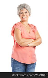 Portrait of a elderly woman smiling, isolated on a white background