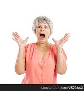 Portrait of a elderly woman surprised with something, isolated on a white background