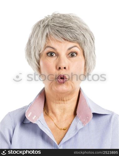 Portrait of a elderly woman with a astonished expression