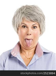 Portrait of a elderly woman with a funny expression