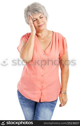Portrait of a elderly woman with a headache, isolated on a white background