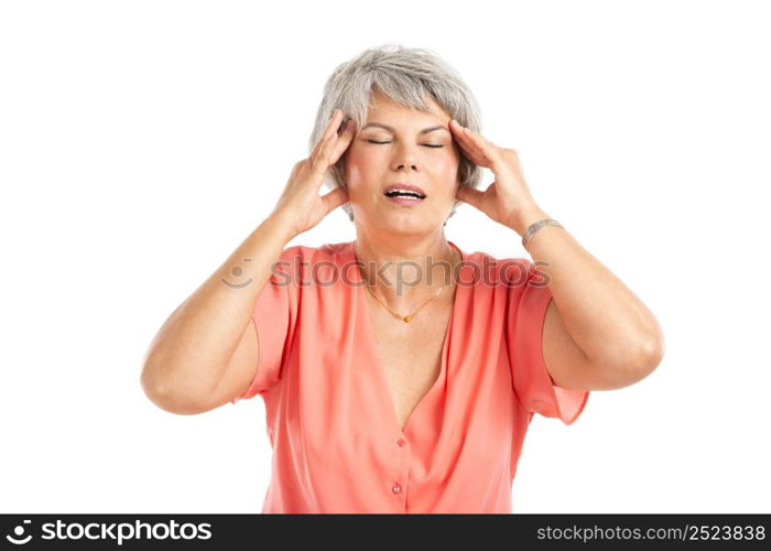 Portrait of a elderly woman with a headache, isolated on a white background