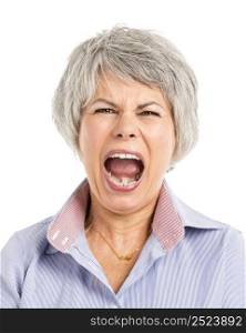Portrait of a elderly woman with a yelling expression