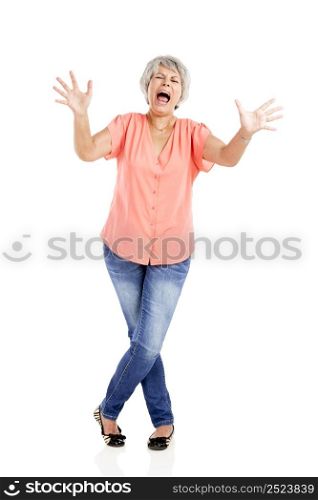 Portrait of a elderly woman yelling and worried with something, isolated on a white background