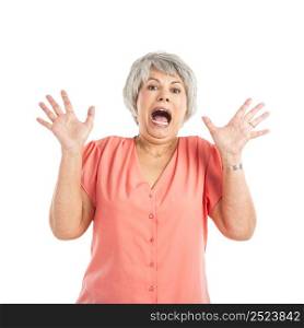 Portrait of a elderly woman yelling and worried with something, isolated on a white background