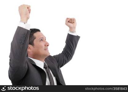 Portrait of a energetic young business man enjoying success- Isolated