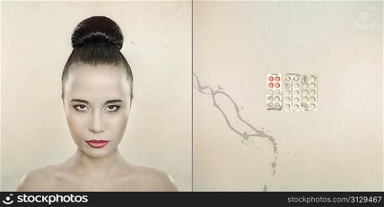 portrait of a enigmatic Asian woman on wall background, art set